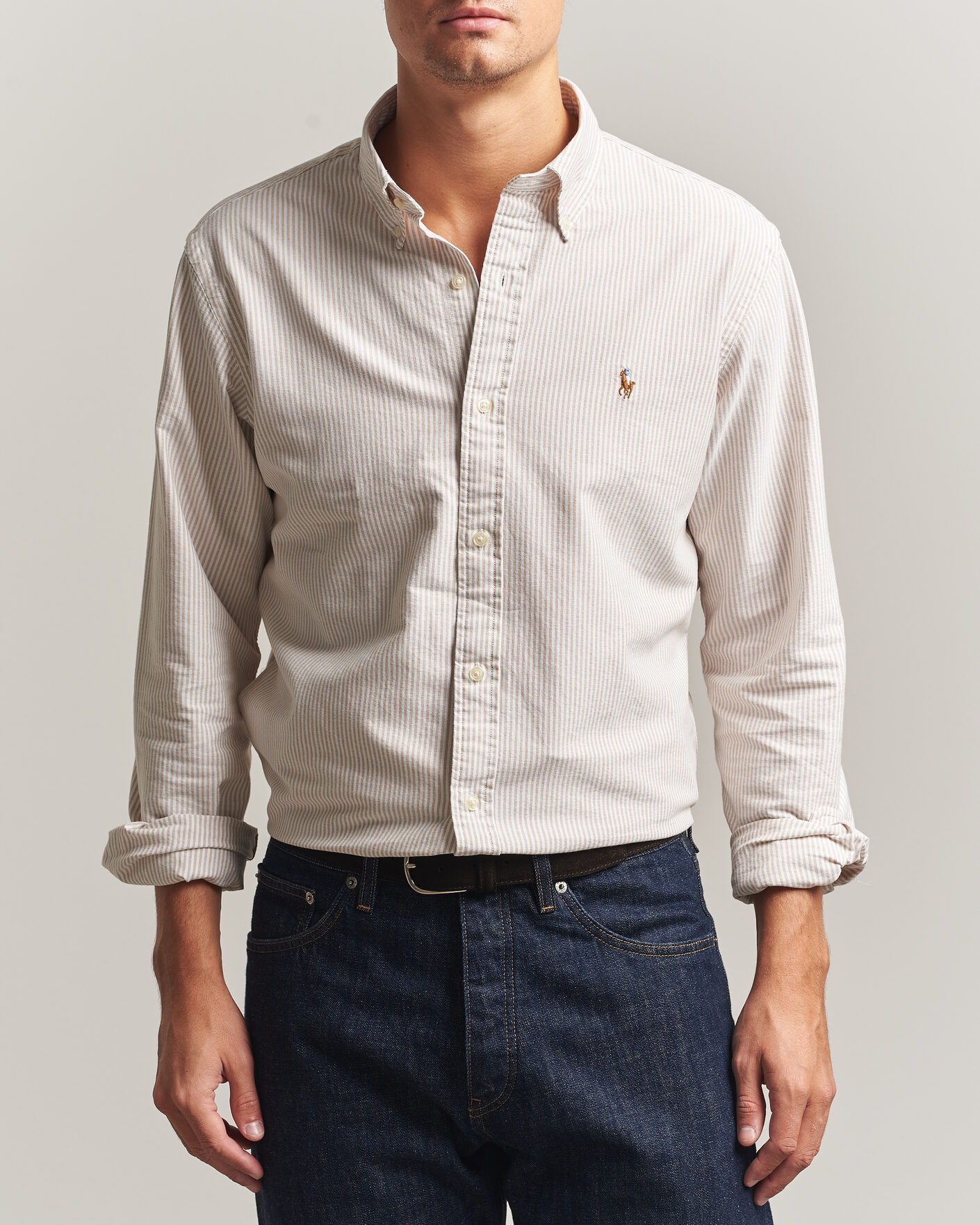 Uomini | Camicie | Polo Ralph Lauren | Custom Fit Striped Oxford Shirt Camel/White