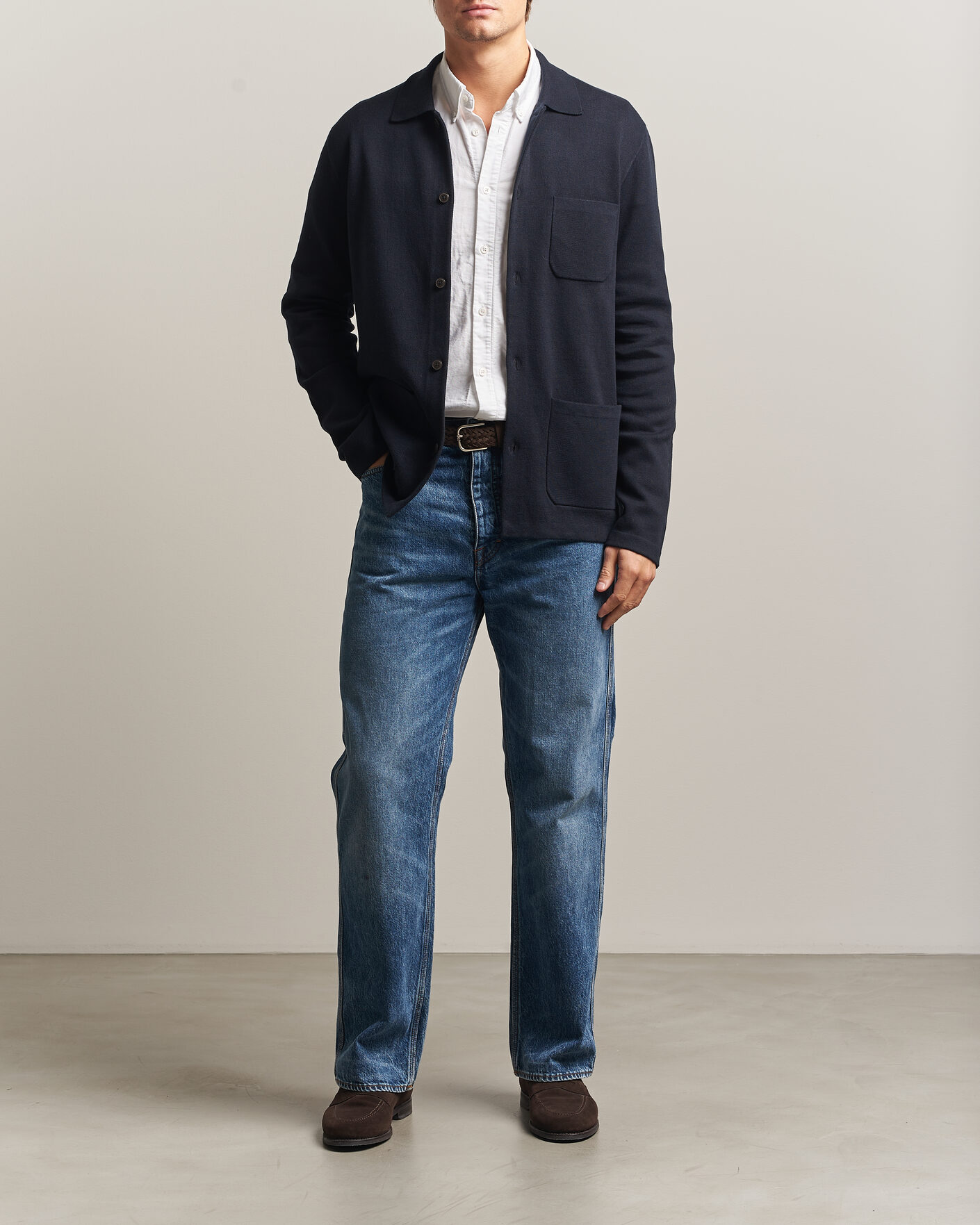 Uomini | Maglieria | Morris | Dudley Knitted Overshirt Navy