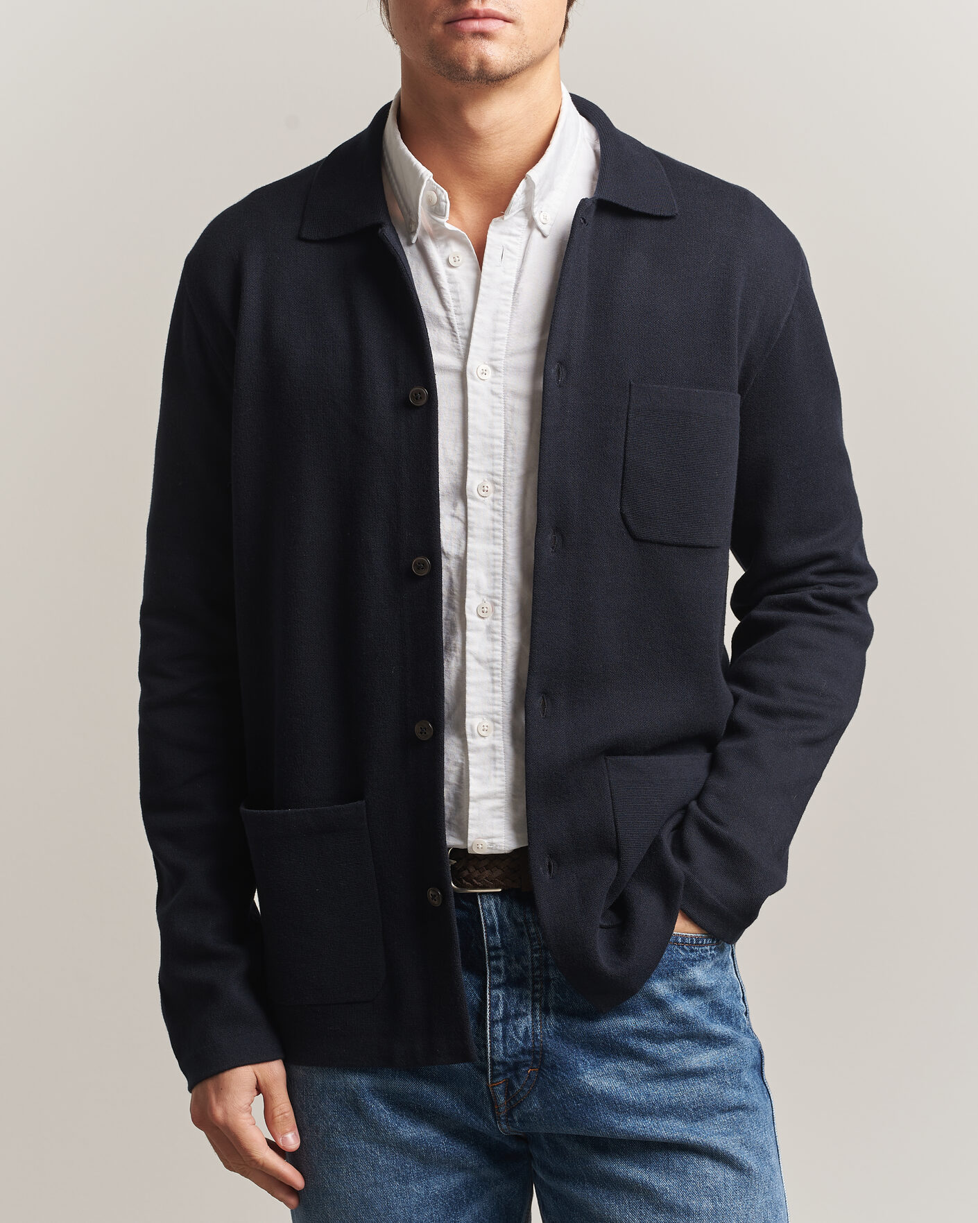 Uomini | Maglieria | Morris | Dudley Knitted Overshirt Navy
