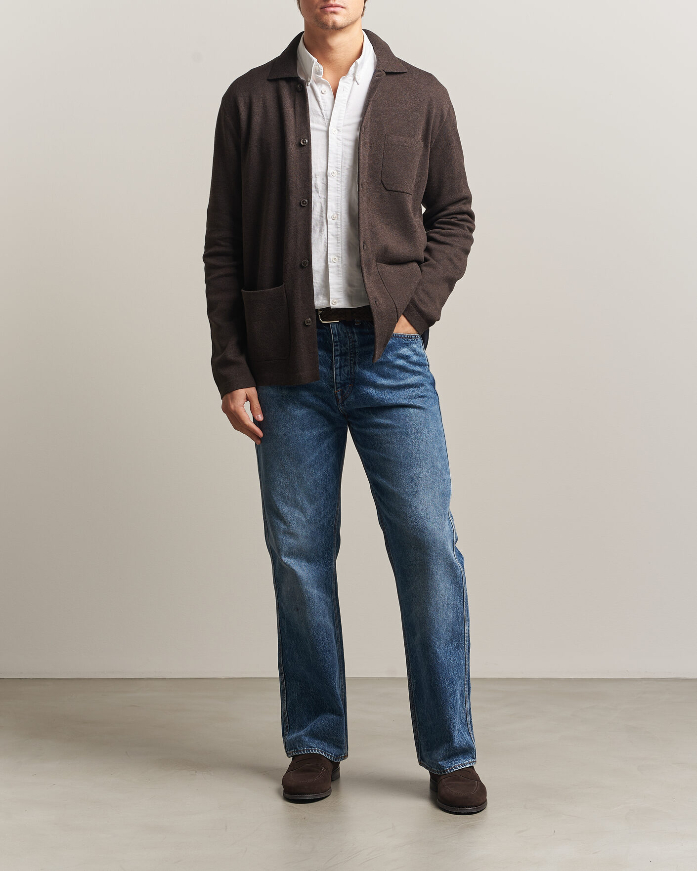 Uomini | Maglieria | Morris | Dudley Knitted Overshirt Brown