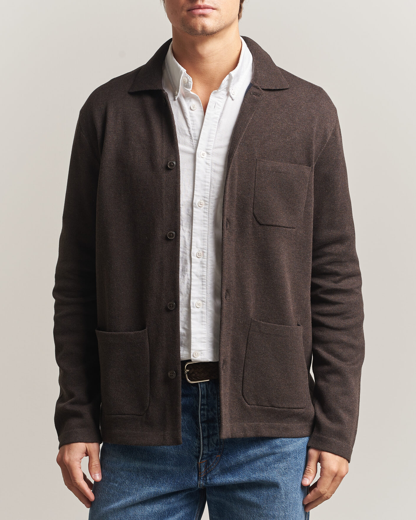 Uomini | Maglieria | Morris | Dudley Knitted Overshirt Brown
