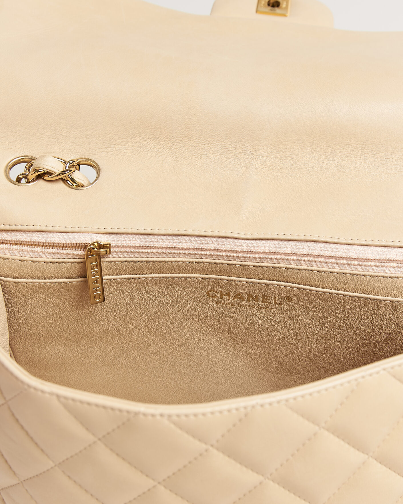 Uomini | Chanel Pre-Owned Classic Jumbo Single Flap Bag Lambskin Beige | Chanel Pre-Owned | Classic Jumbo Single Flap Bag Lambskin Beige