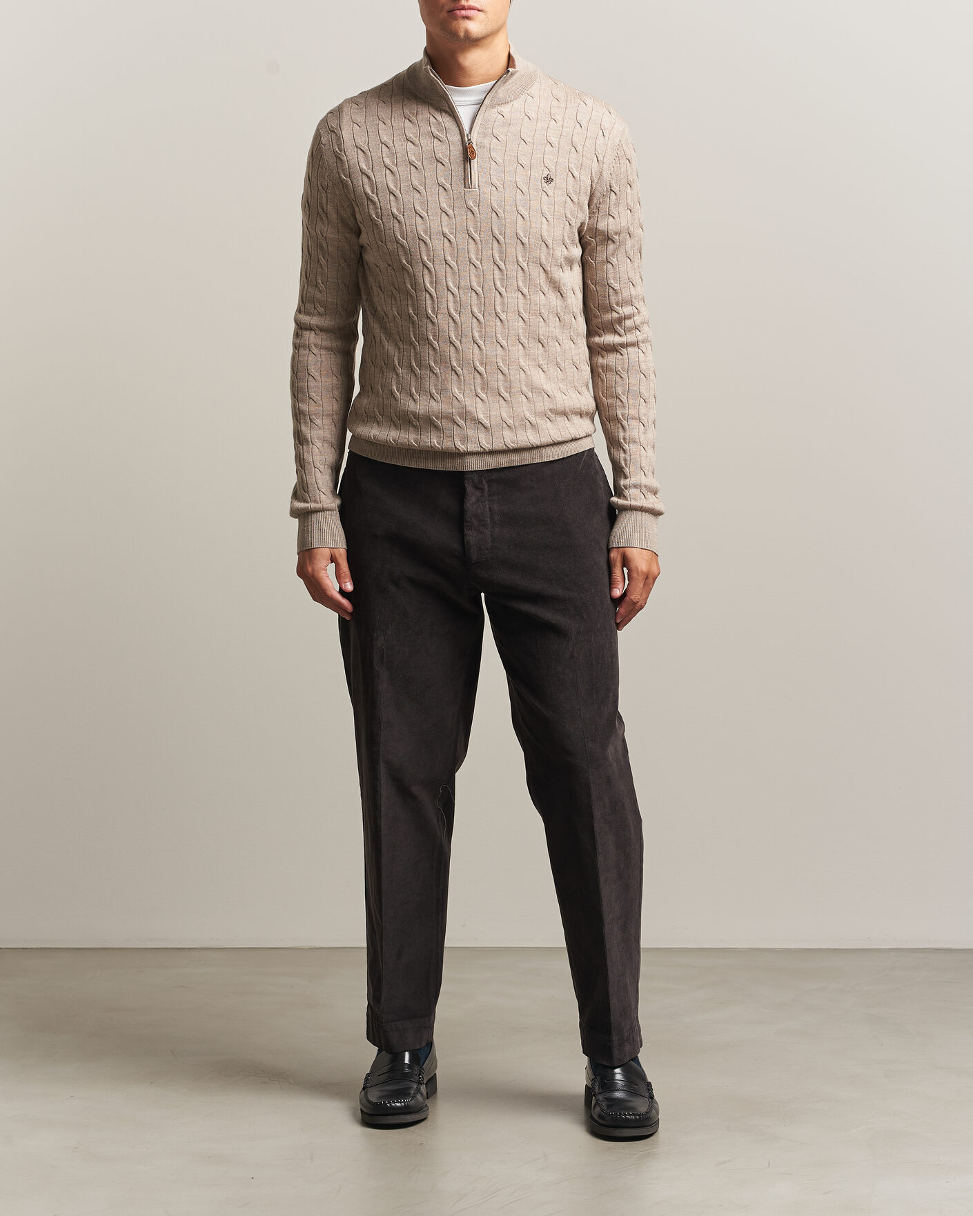 Uomini | Maglieria | Morris | Merino Cable Half Zip Khaki