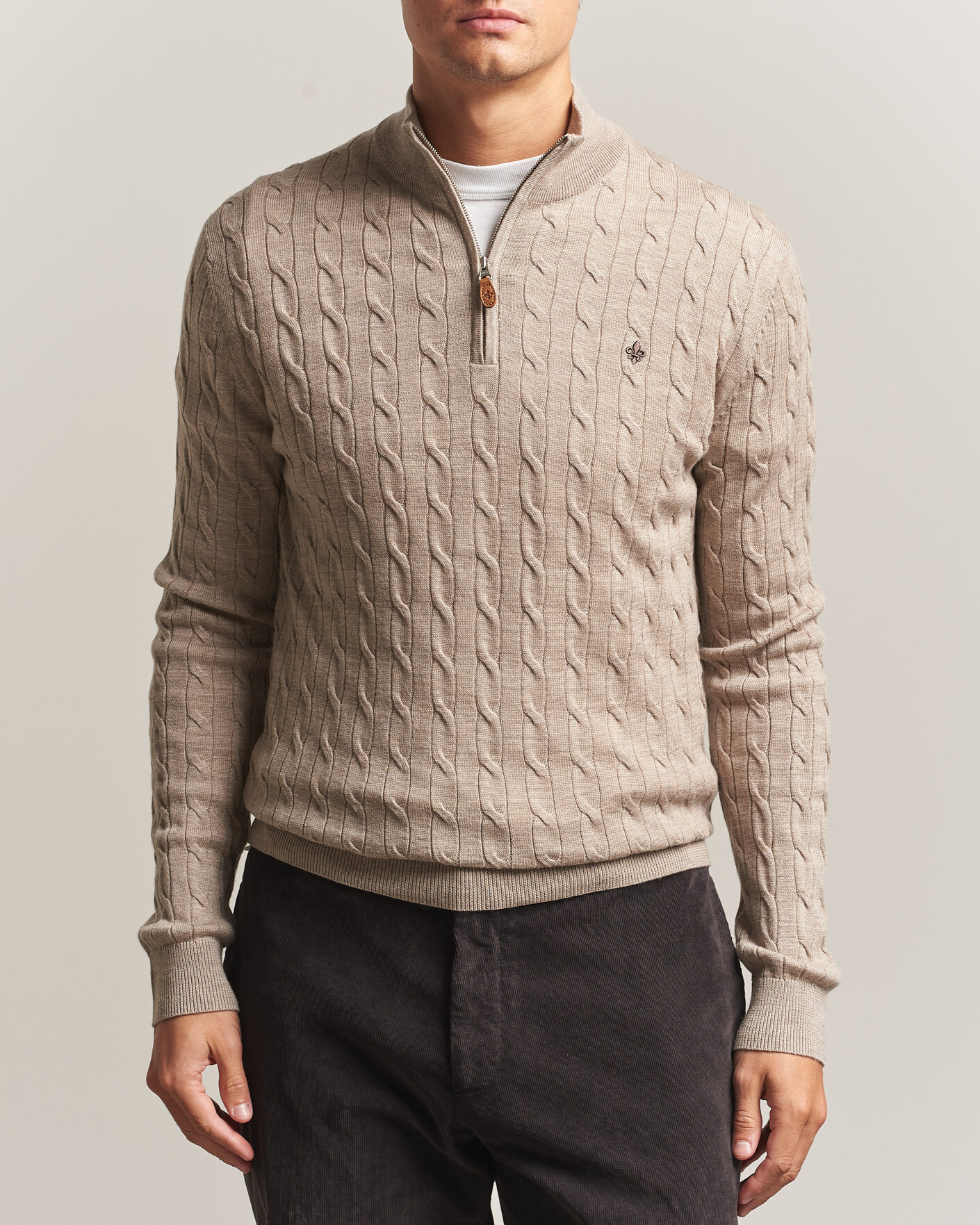 Uomini | Maglieria | Morris | Merino Cable Half Zip Khaki