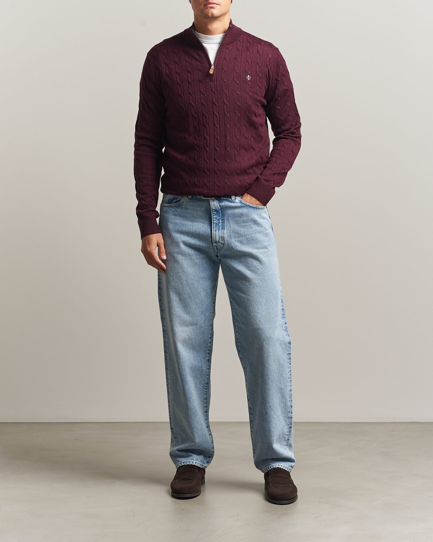 Uomini | Maglieria | Morris | Merino Cable Half Zip Wine Red