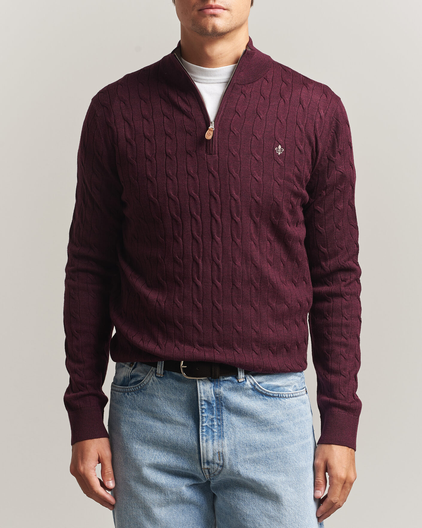 Uomini | Maglieria | Morris | Merino Cable Half Zip Wine Red