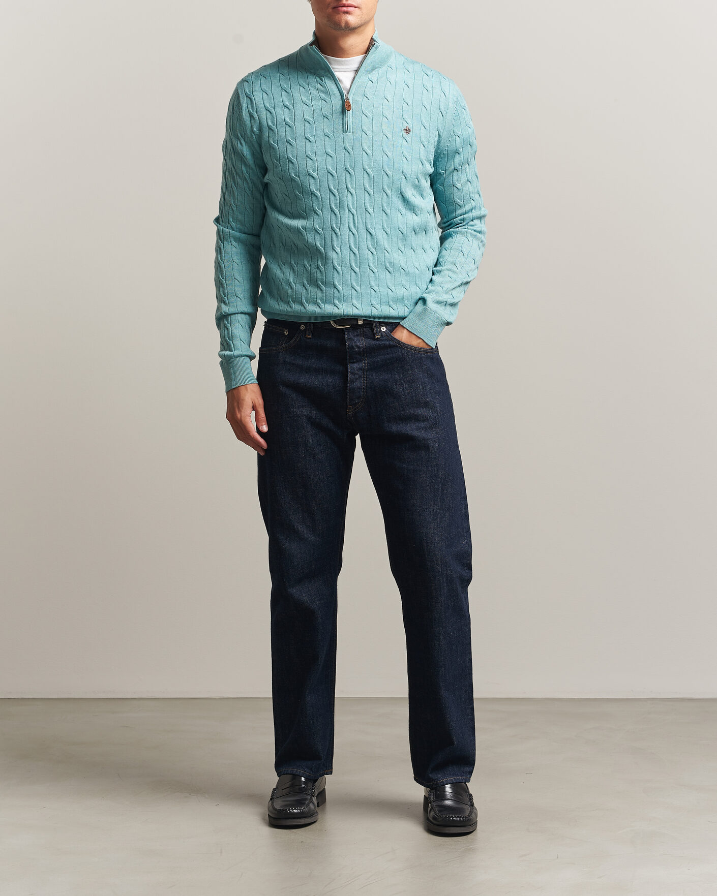 Uomini | Maglieria | Morris | Merino Cable Half Zip Ocean Blue