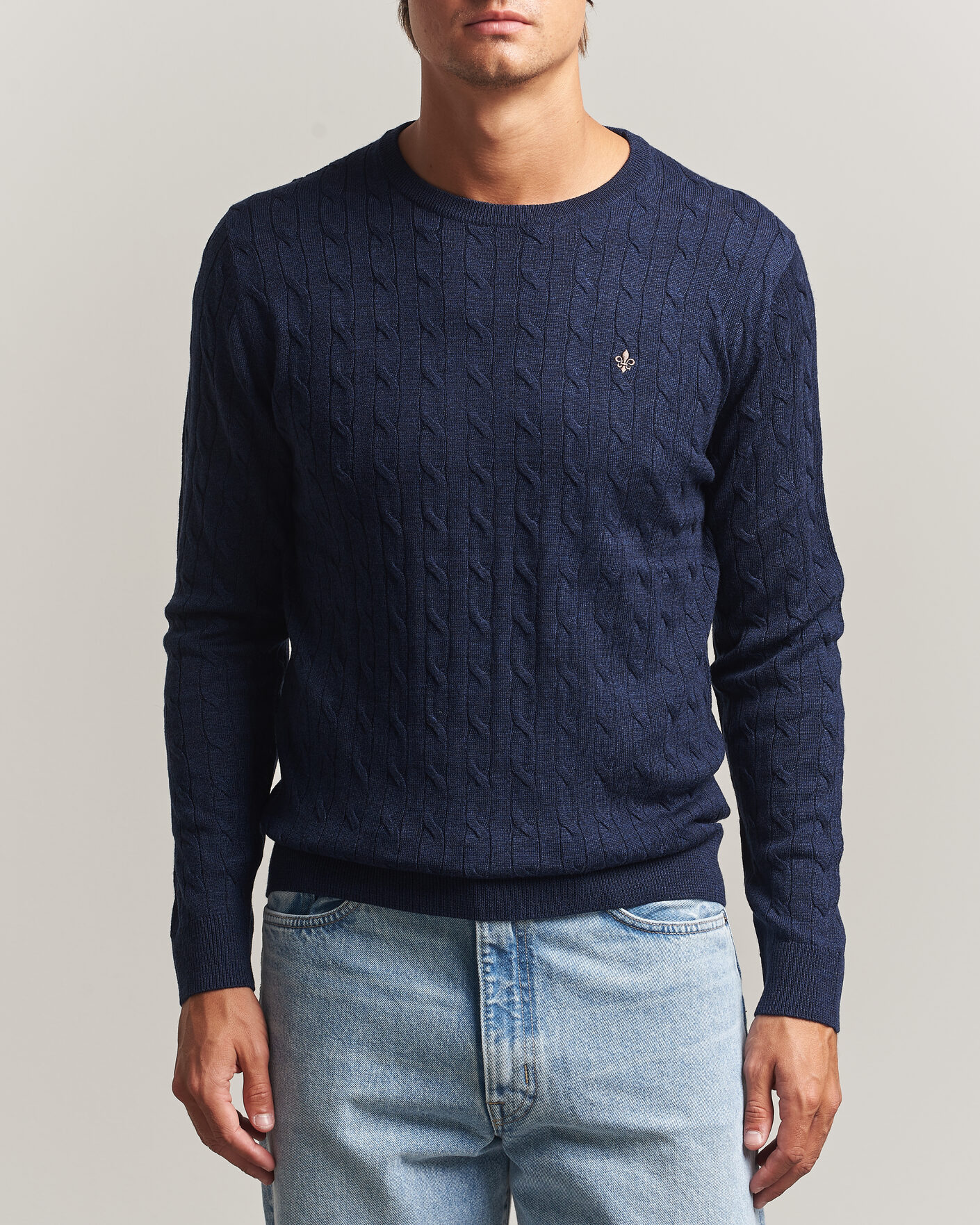 Uomini | Maglieria | Morris | Merino Cable O-Neck Navy