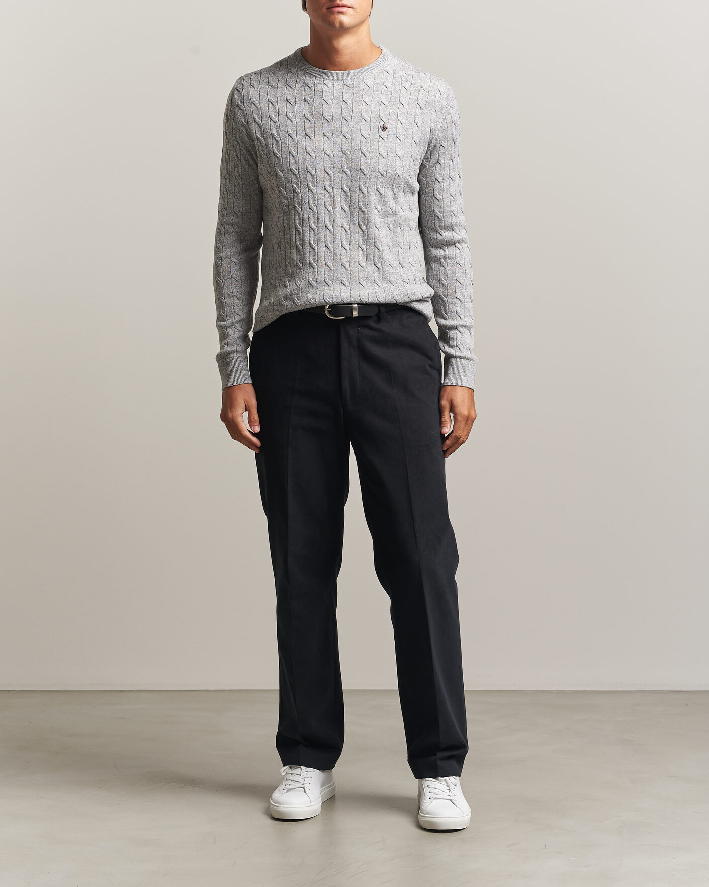Uomini | Maglieria | Morris | Merino Cable O-Neck Mid Grey