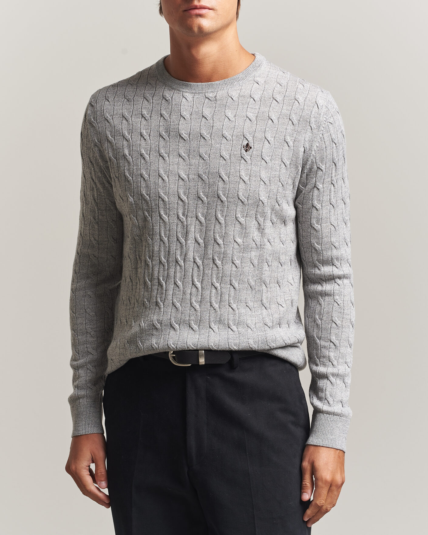 Uomini | Maglieria | Morris | Merino Cable O-Neck Mid Grey