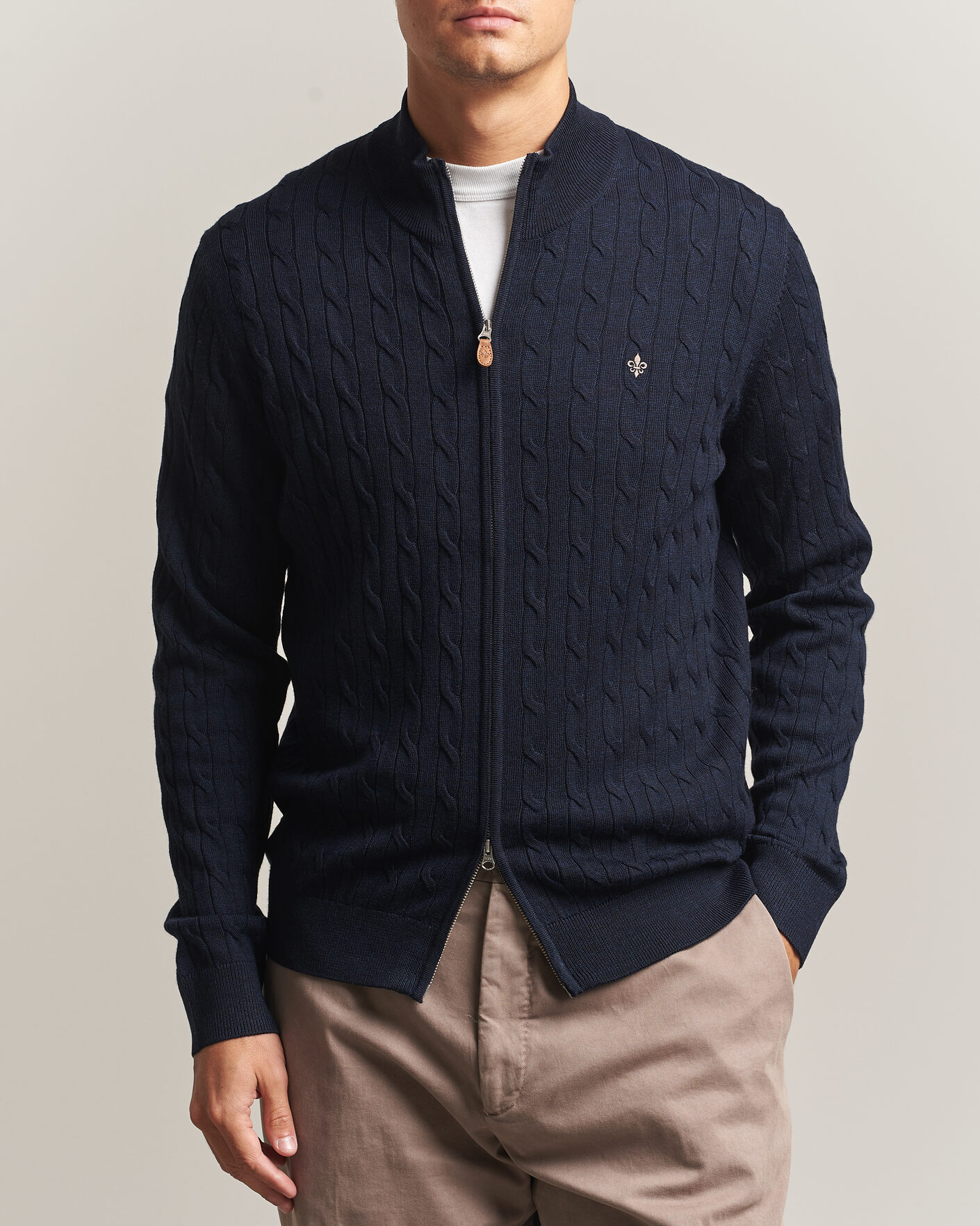 Uomini | Maglieria | Morris | Merino Cable Zip Cardigan Navy