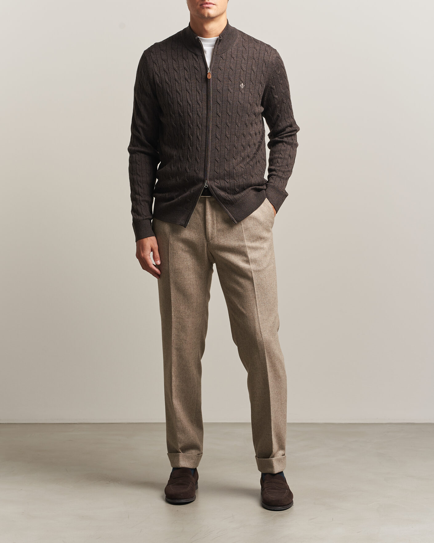 Uomini | Maglieria | Morris | Merino Cable Zip Cardigan Brown
