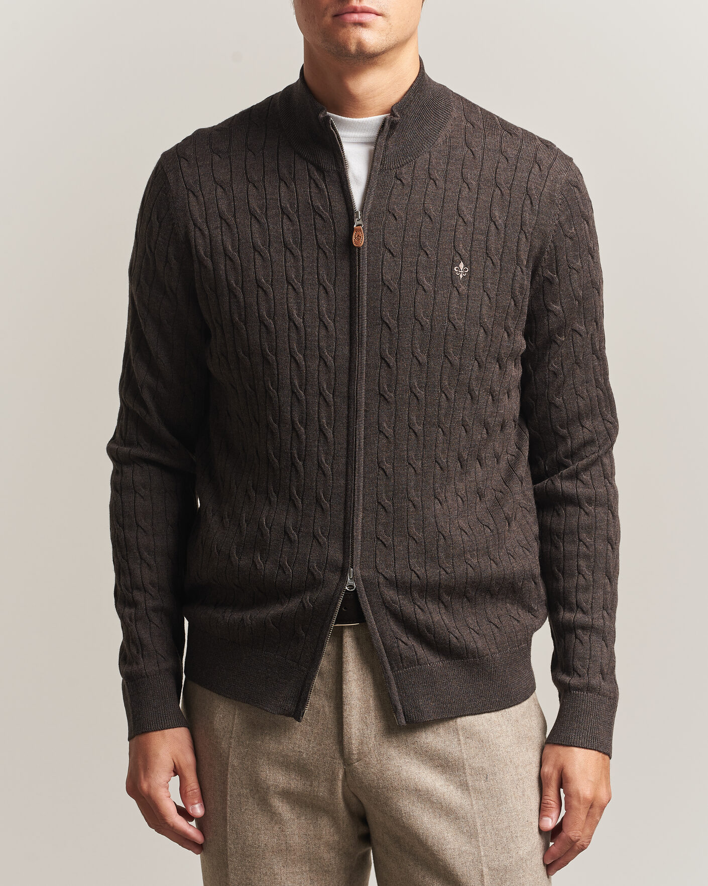 Uomini | Maglieria | Morris | Merino Cable Zip Cardigan Brown