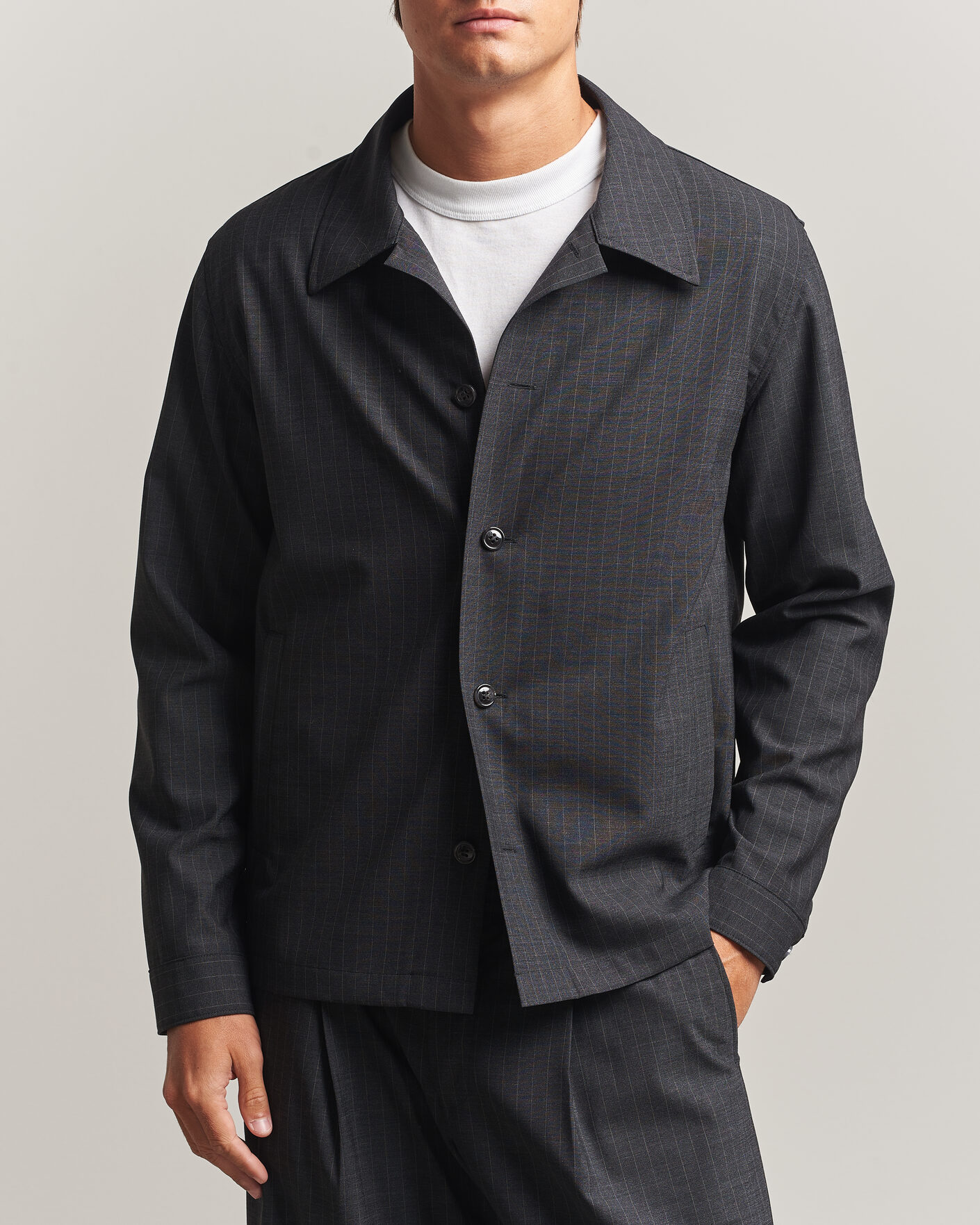 Uomini | Camicie | NN07 | Zander Wool Pinstriped Overshirt Dark Grey