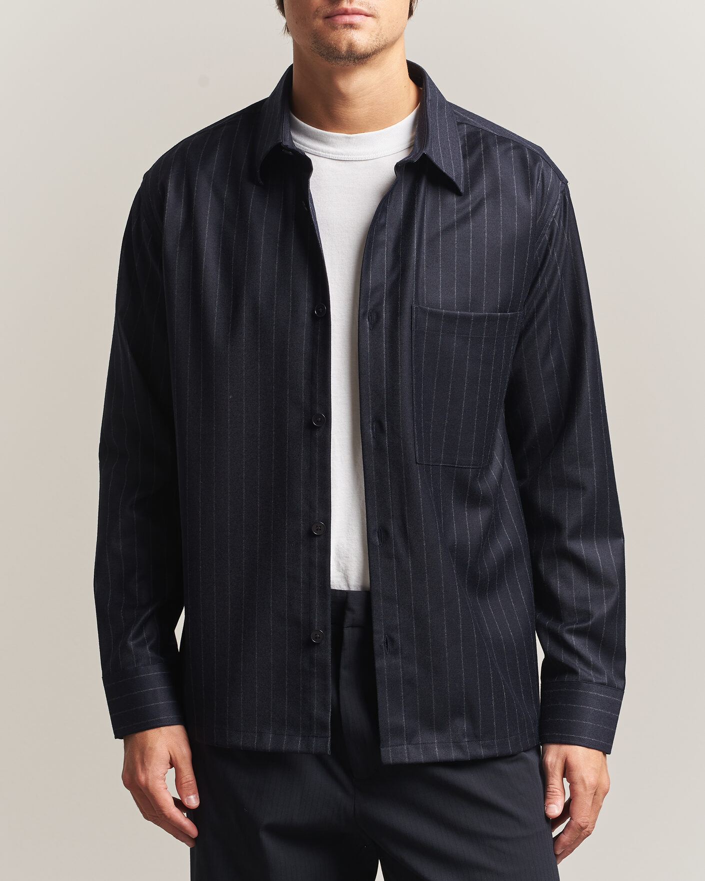 Uomini | Camicie | NN07 | Freddy Wool Pinstriped Overshirt Navy