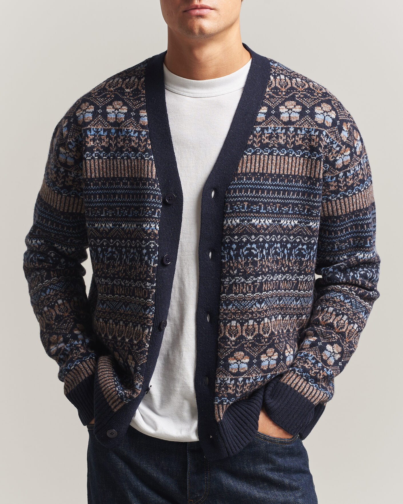 Uomini | Maglieria | NN07 | Tobias Fairisle Wool Knitted Cardigan Navy Blue
