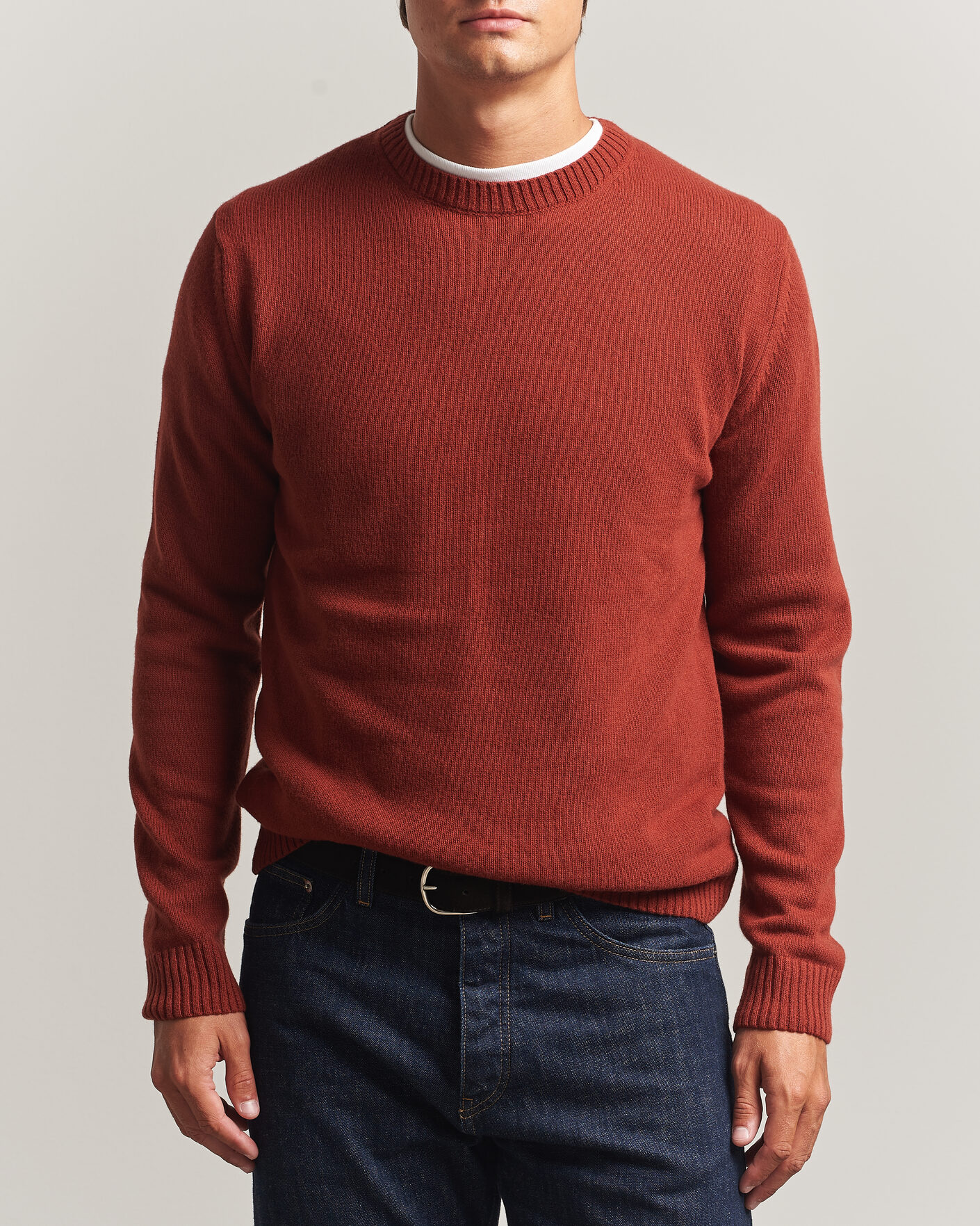 Uomini | Maglieria | Stenströms | Brushed Merino Crew Neck Burnt Orange