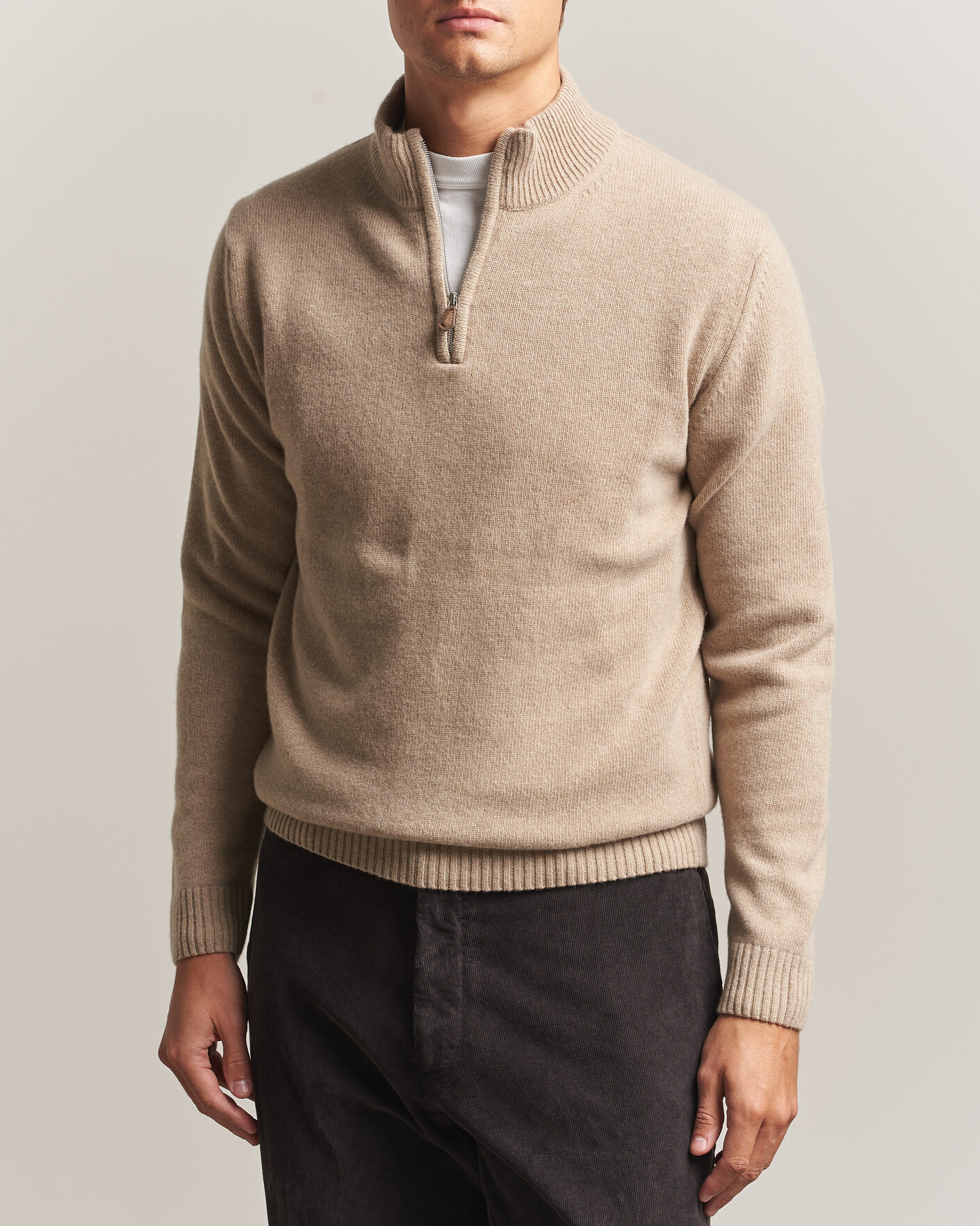 Uomini | Maglieria | Stenströms | Brushed Merino Half-Zip Beige