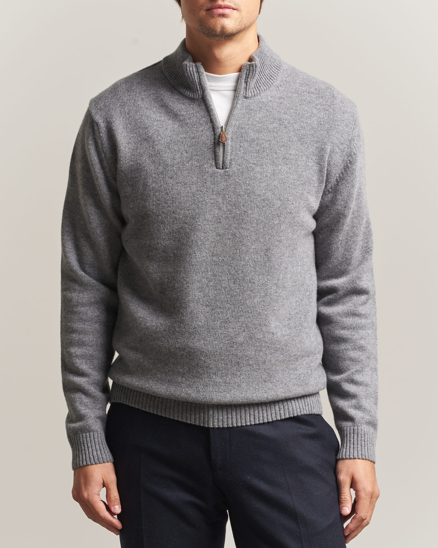 Uomini | Maglieria | Stenströms | Brushed Merino Half-Zip Grey