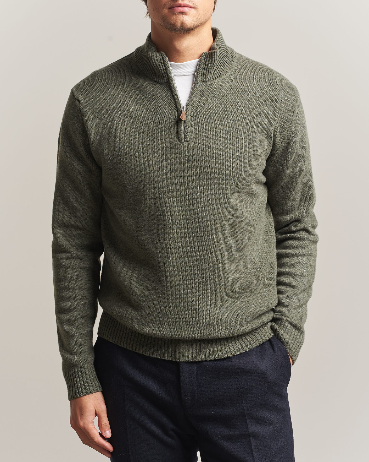 Uomini | Maglieria | Stenströms | Brushed Merino Half-Zip Green