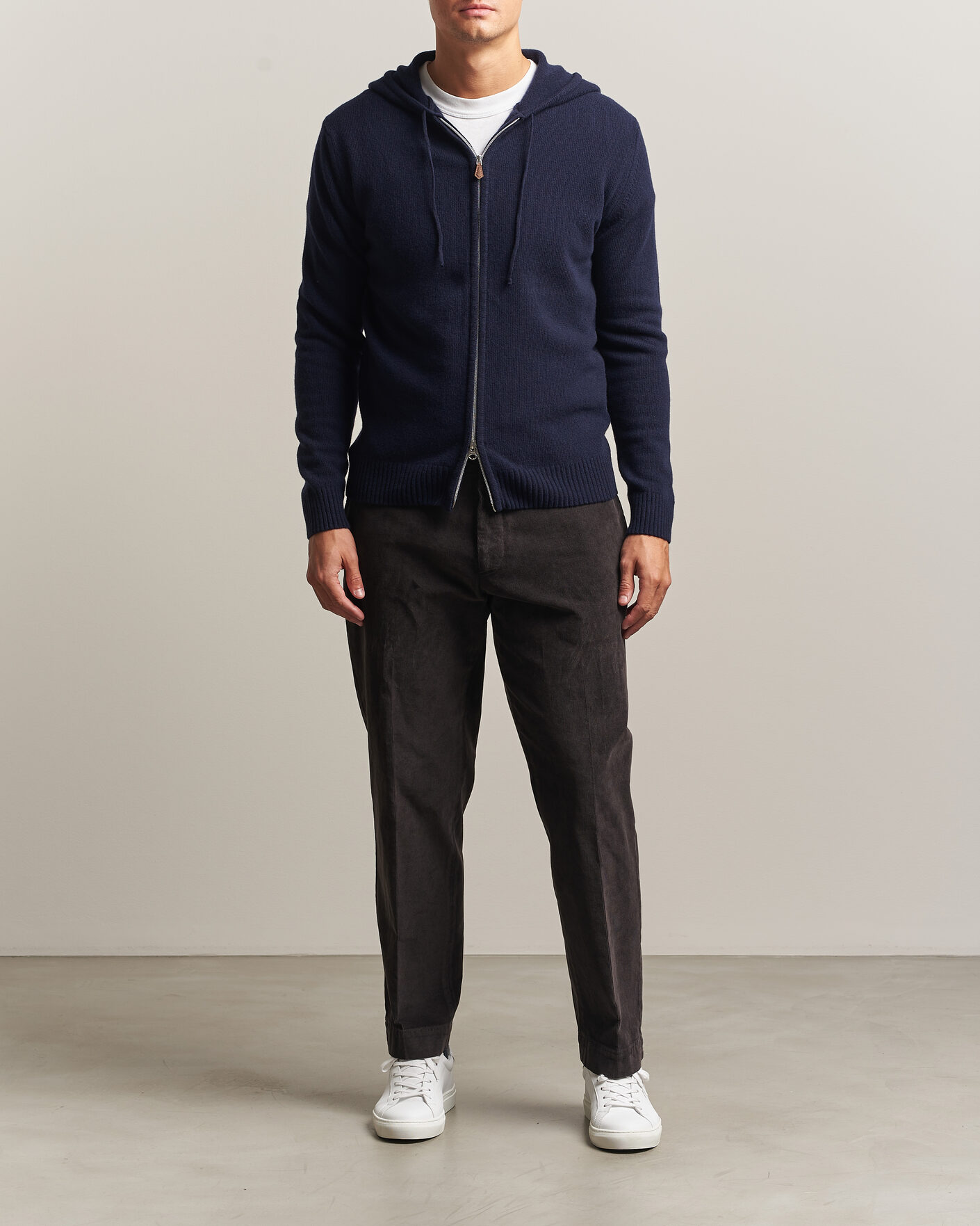 Uomini | Maglieria | Stenströms | Brushed Merino Full-Zip Hood Navy