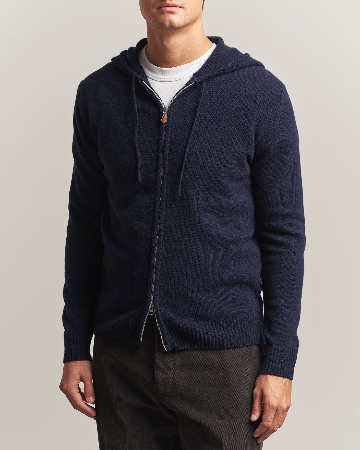 Uomini | Maglieria | Stenströms | Brushed Merino Full-Zip Hood Navy