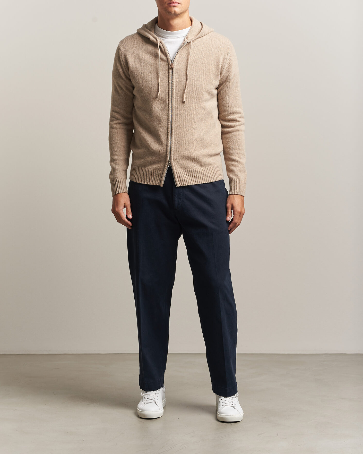 Uomini | Maglieria | Stenströms | Brushed Merino Full-Zip Hood Beige