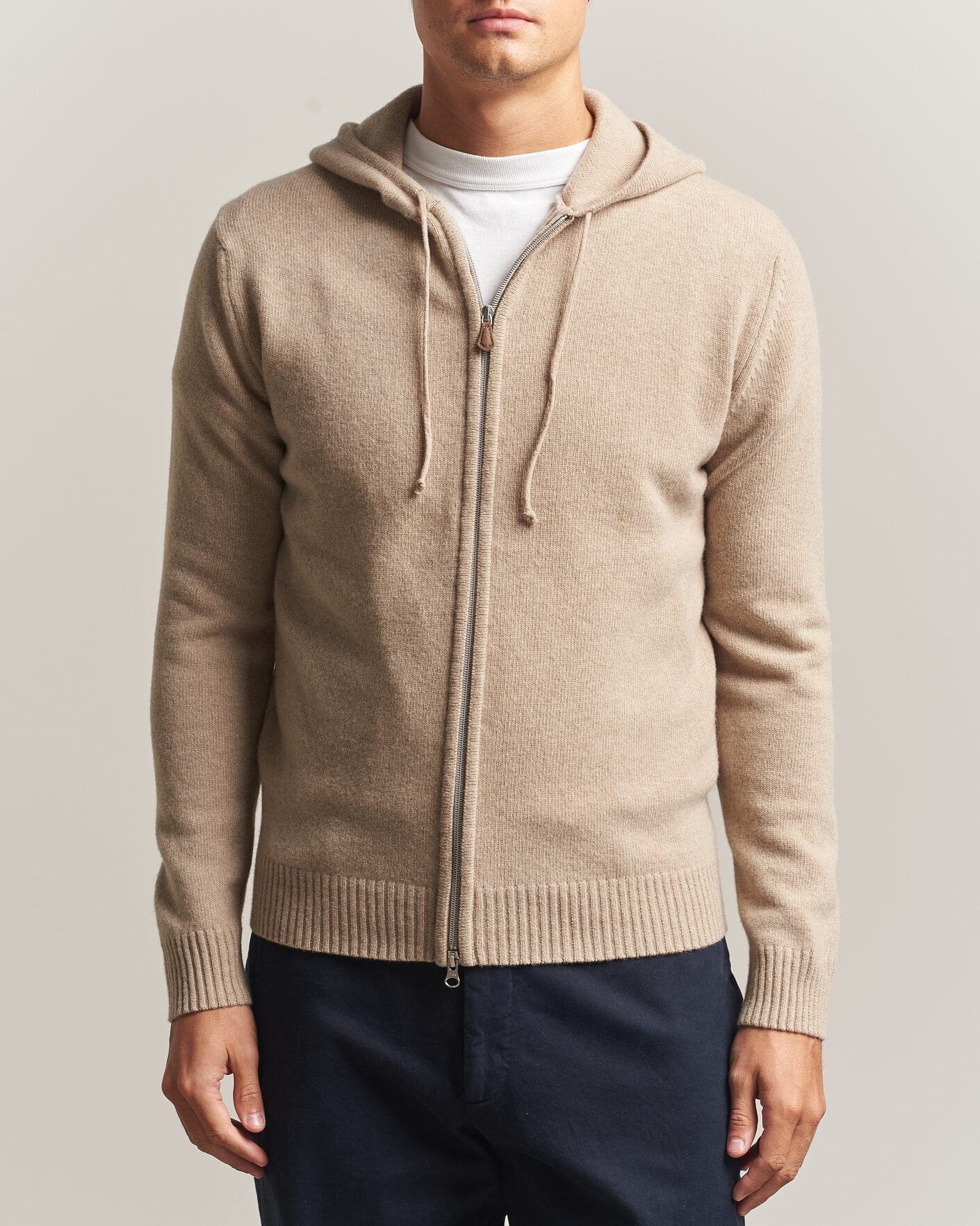 Uomini | Maglieria | Stenströms | Brushed Merino Full-Zip Hood Beige