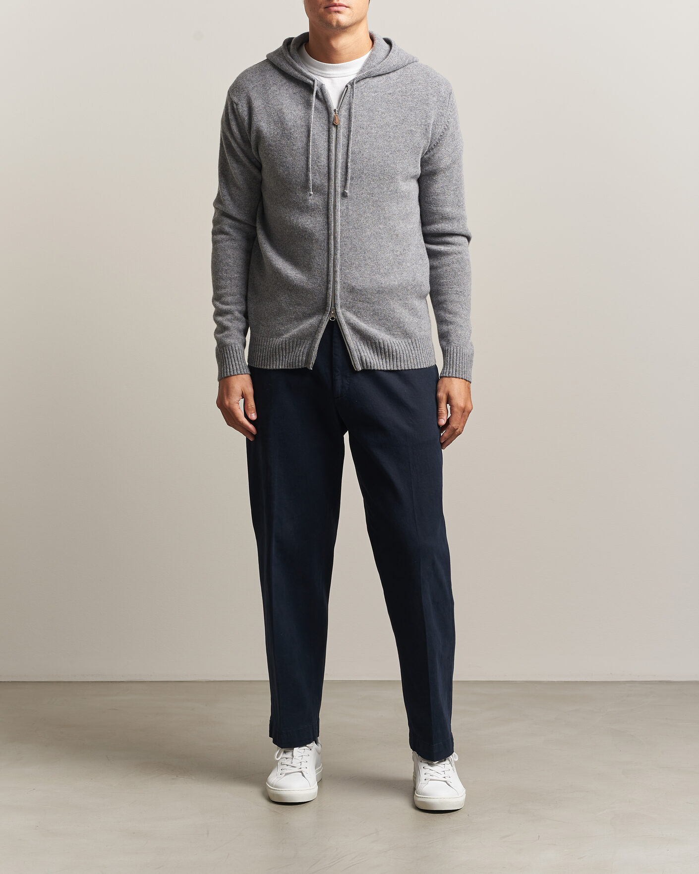 Uomini | Maglieria | Stenströms | Brushed Merino Full-Zip Hood Grey