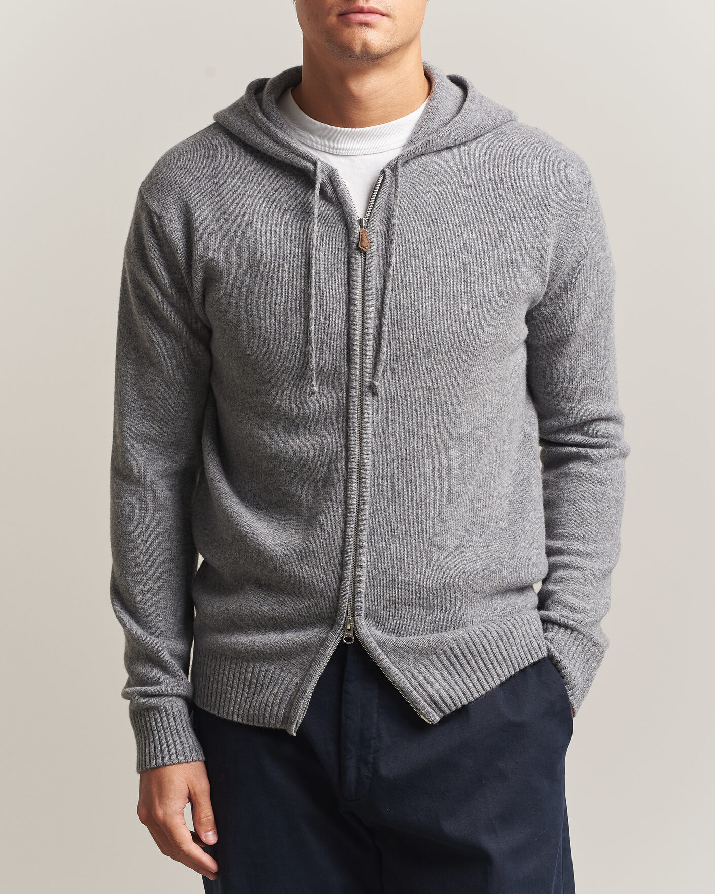 Uomini | Maglieria | Stenströms | Brushed Merino Full-Zip Hood Grey