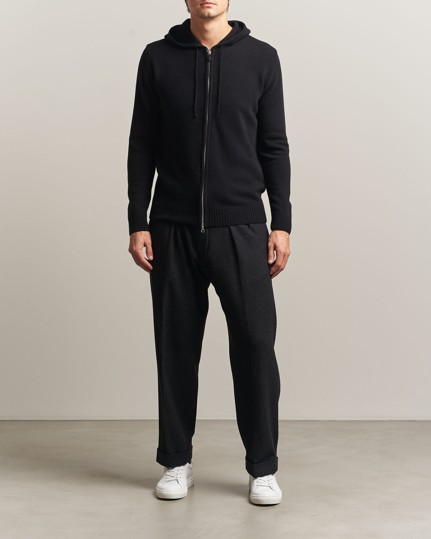 Uomini | Maglieria | Stenströms | Brushed Merino Full-Zip Hood Black