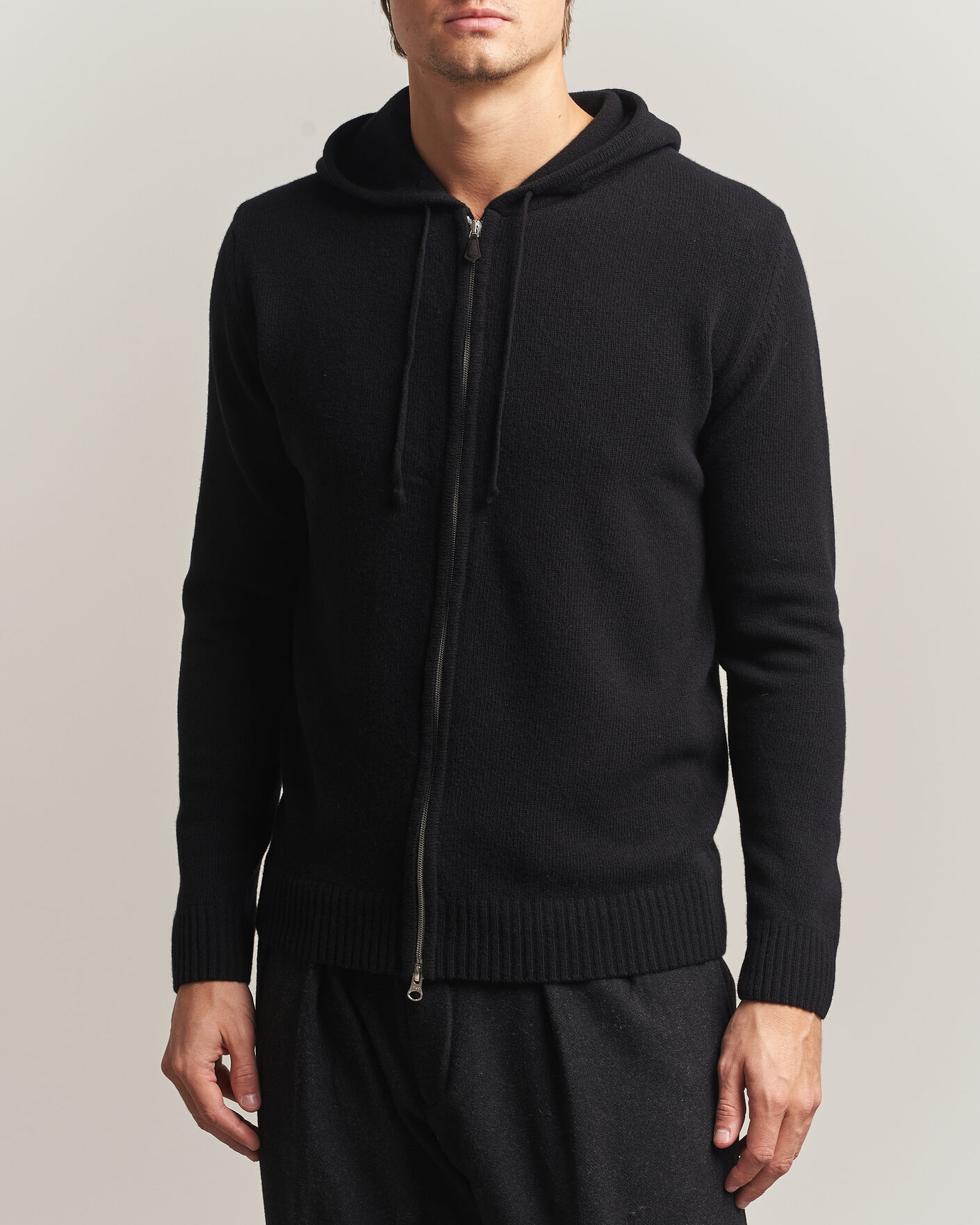 Uomini | Maglieria | Stenströms | Brushed Merino Full-Zip Hood Black