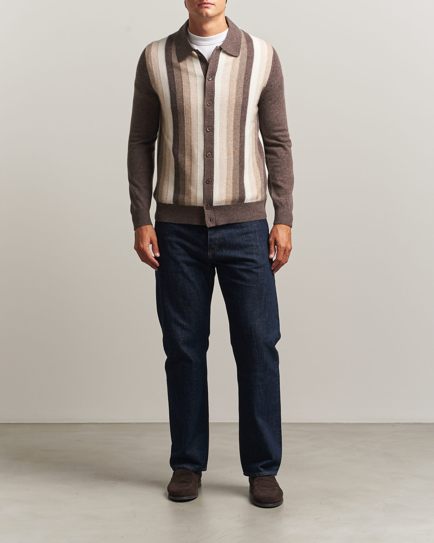 Uomini | Maglieria | Stenströms | Cashmere Striped Polo Cardigan Brown