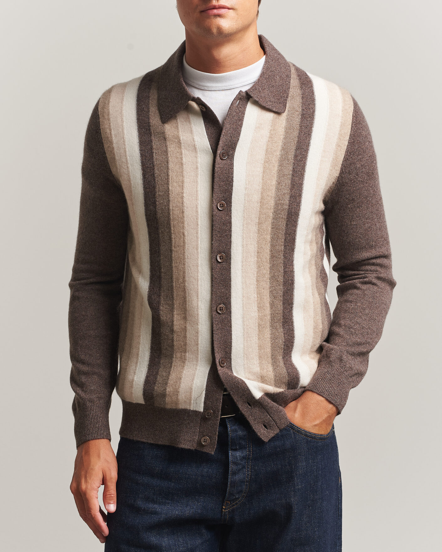 Uomini | Maglieria | Stenströms | Cashmere Striped Polo Cardigan Brown
