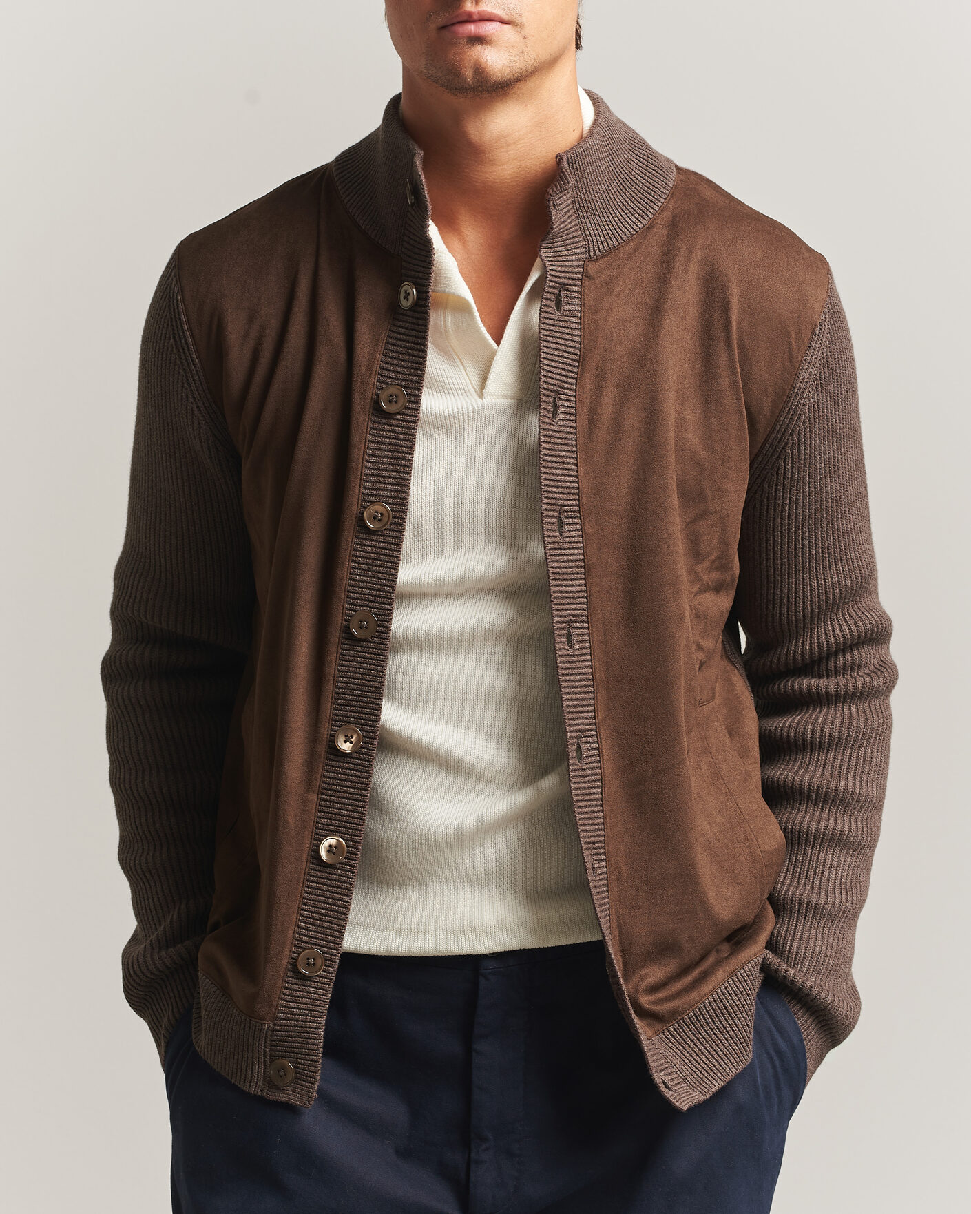 Uomini | Maglieria | Stenströms | Knitted Hybrid Alcantara Jacket Brown