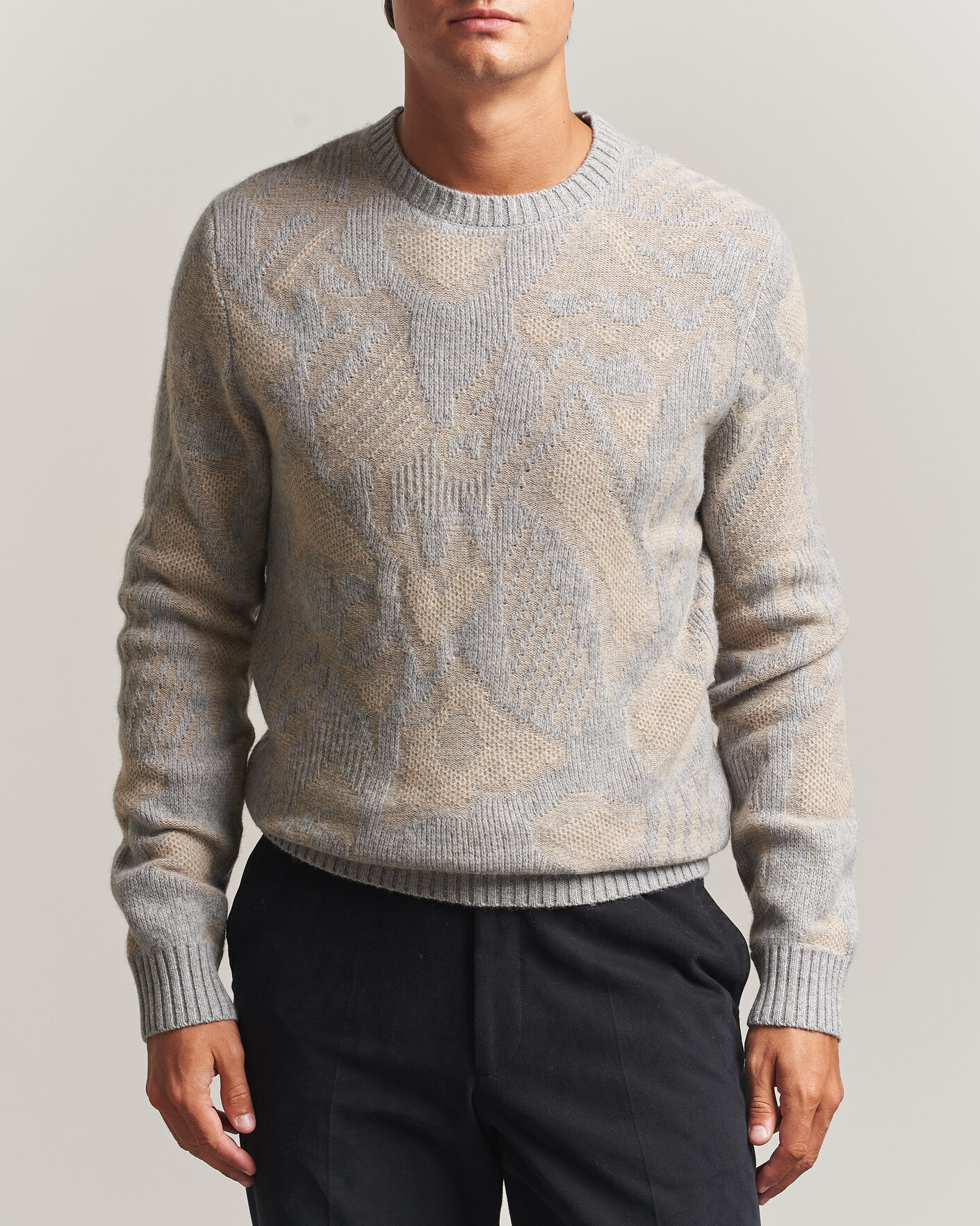 Uomini | Maglieria | Stenströms | Knitted Jaquard Yak/Merino Sweater Beige Grey