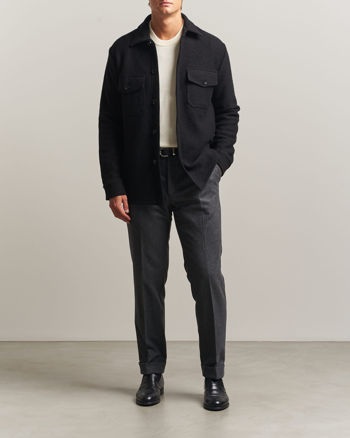 Uomini | Camicie | Stenströms | Felted Wool Overshirt Black