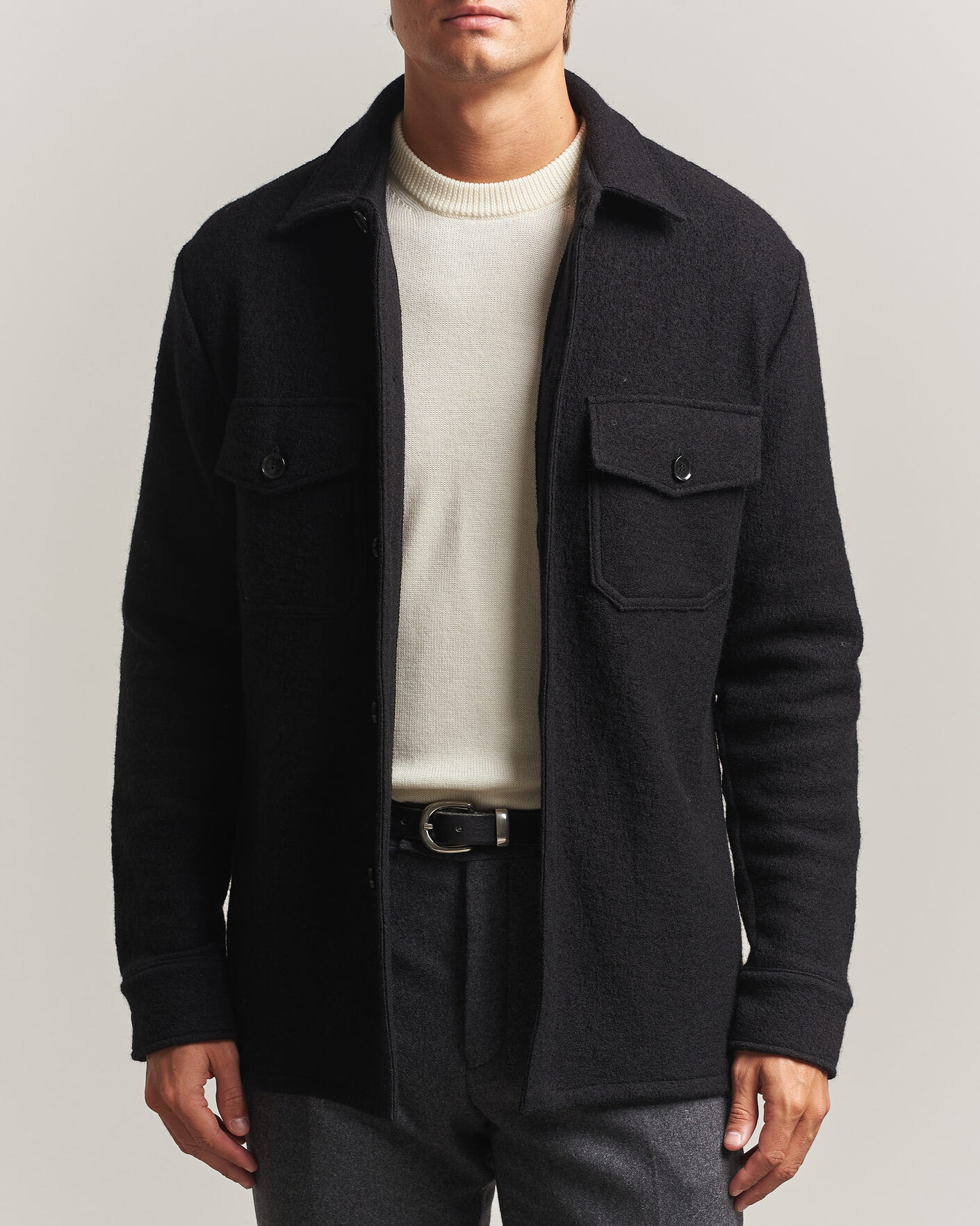Uomini | Camicie | Stenströms | Felted Wool Overshirt Black