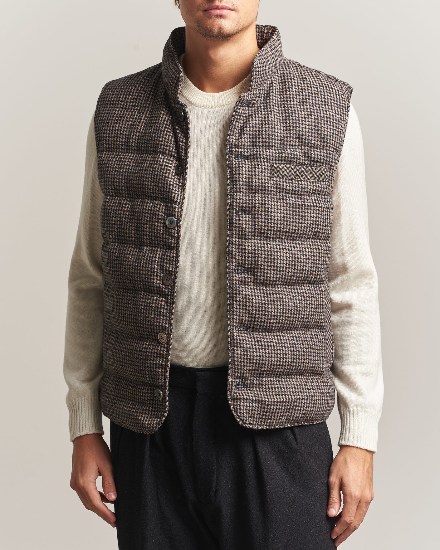 Uomini | Gilet | Stenströms | Padded Houndstooth Wool Vest Brown