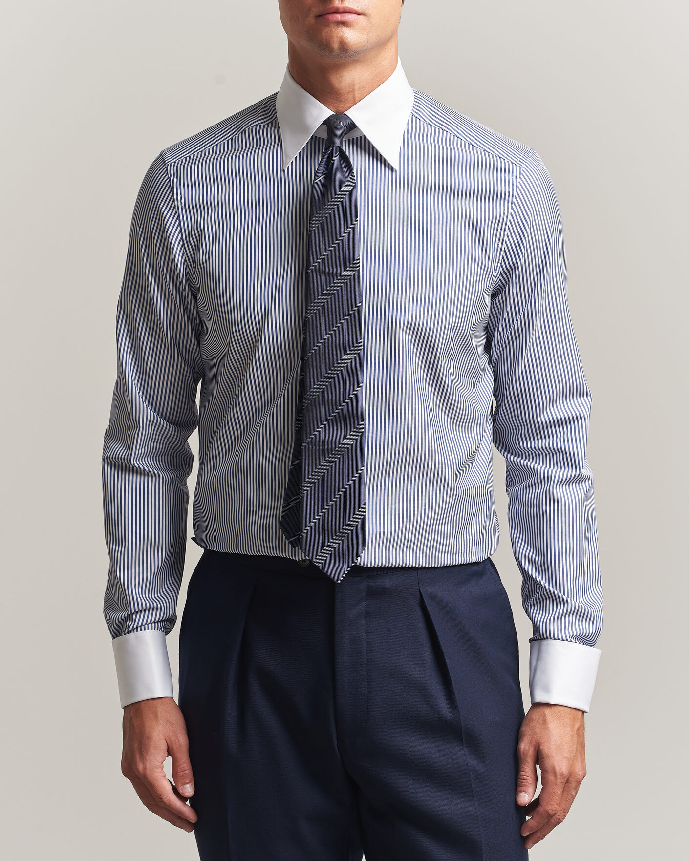 Uomini | Camicie | Stenströms | Slimline White Collar Stripe Whinchester Shirt Blue