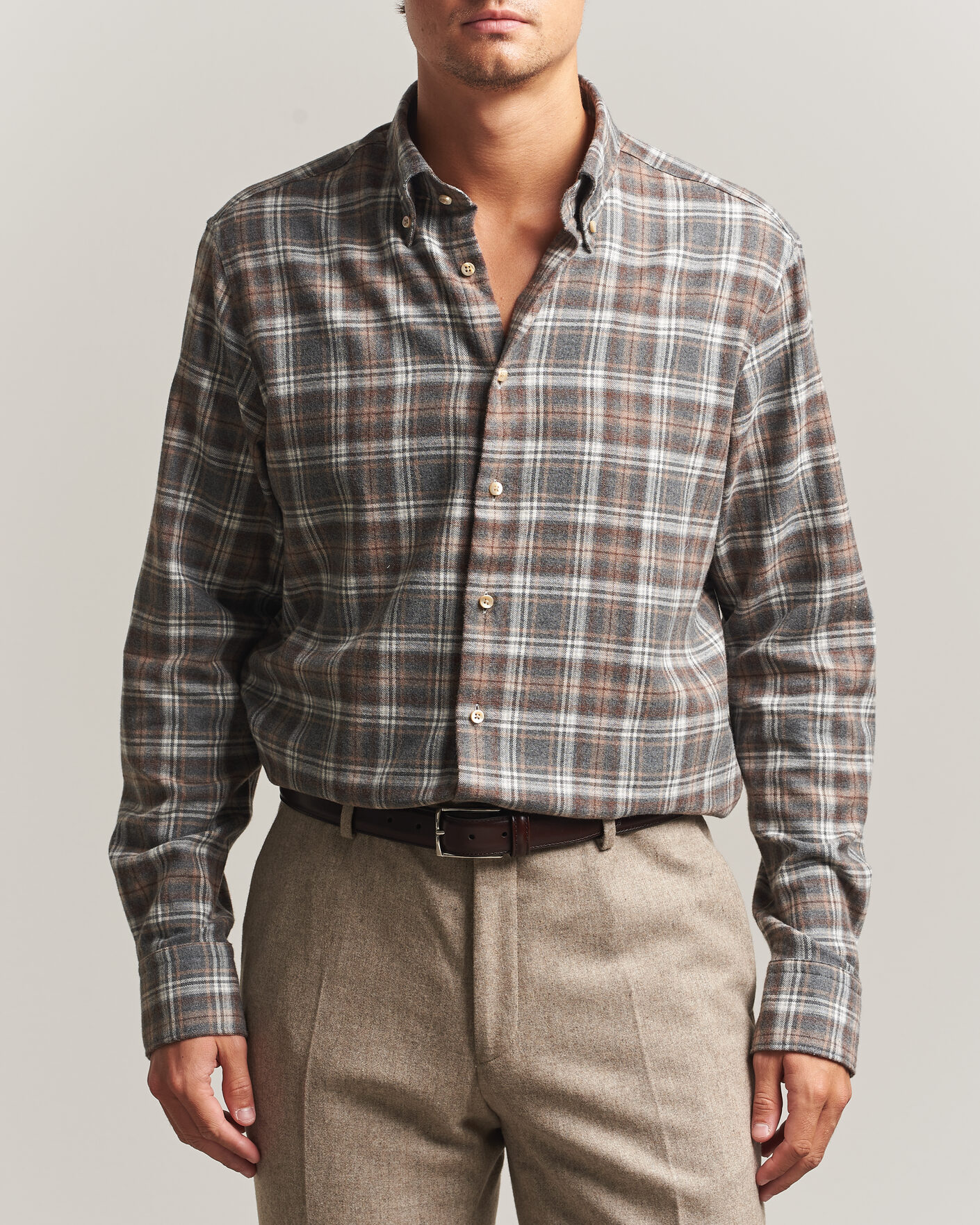Uomini | Camicie | Stenströms | Regular Fit Check Cut Away Flannel Shirt Brown