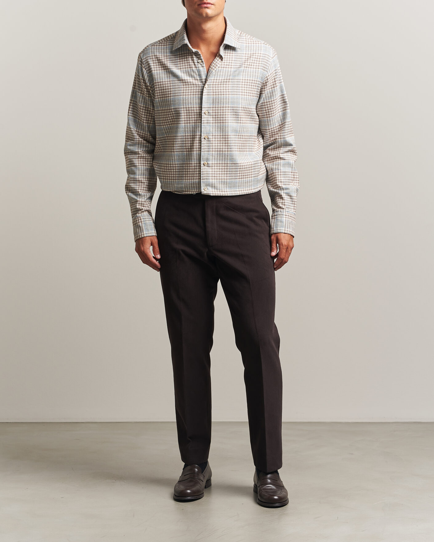 Uomini | Camicie | Stenströms | Regular Fit Overcheck Flannel Shirt Light Brown