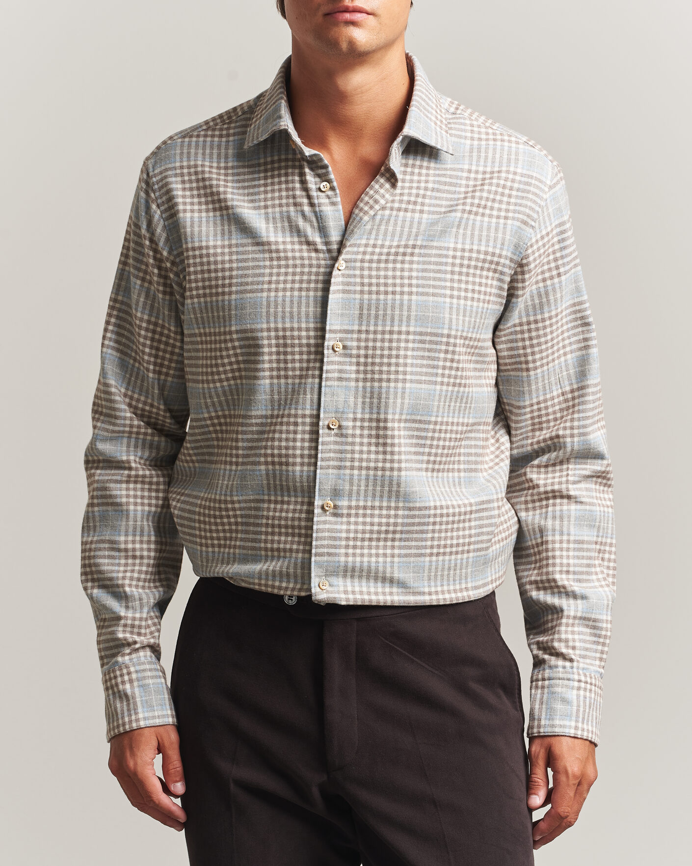 Uomini | Camicie | Stenströms | Regular Fit Overcheck Flannel Shirt Light Brown
