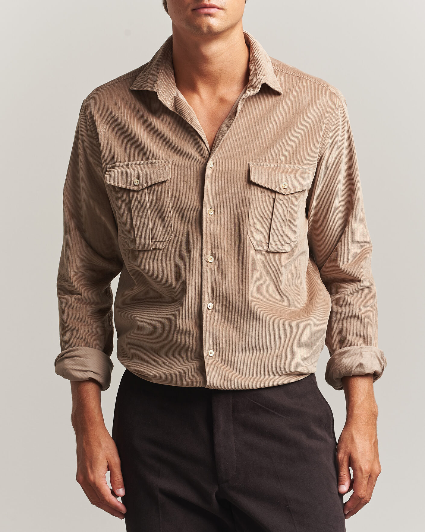 Uomini | Camicie | Stenströms | Regular Fit Cord Pocket Shirt Light Brown