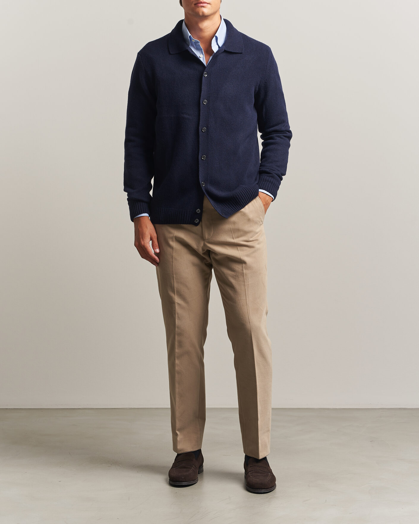 Uomini | Maglieria | Stenströms | Brushed Merino Polo Cardigan Navy