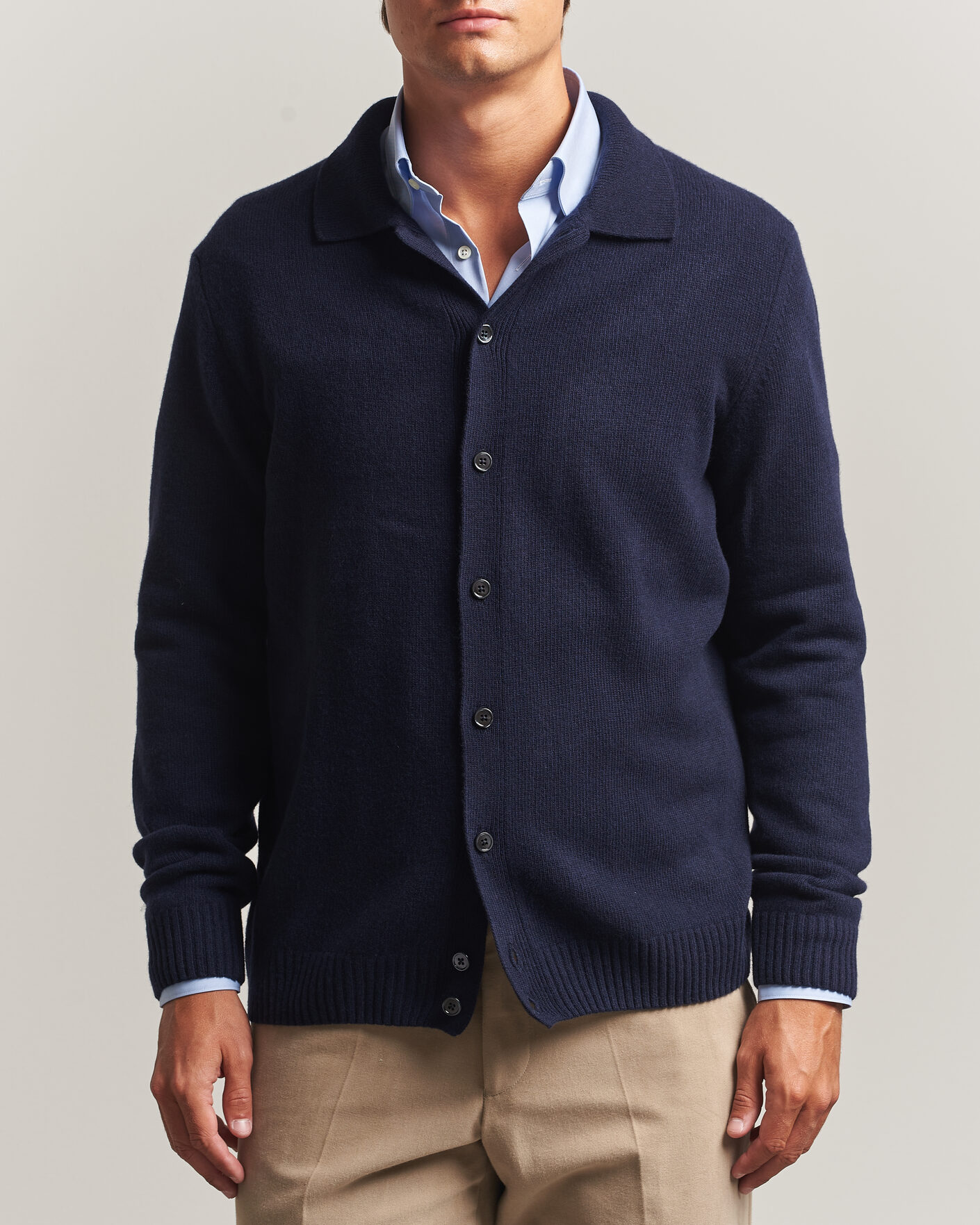 Uomini | Maglieria | Stenströms | Brushed Merino Polo Cardigan Navy