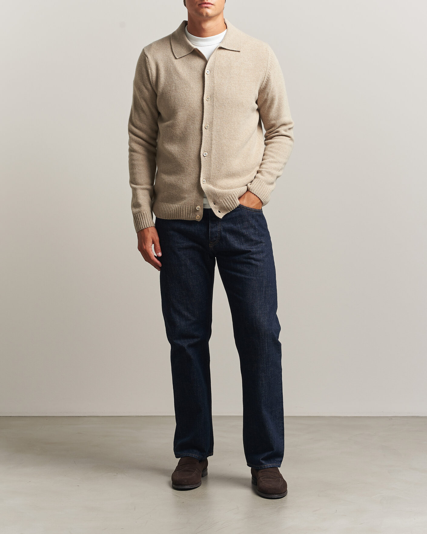 Uomini | Maglieria | Stenströms | Brushed Merino Polo Cardigan Beige