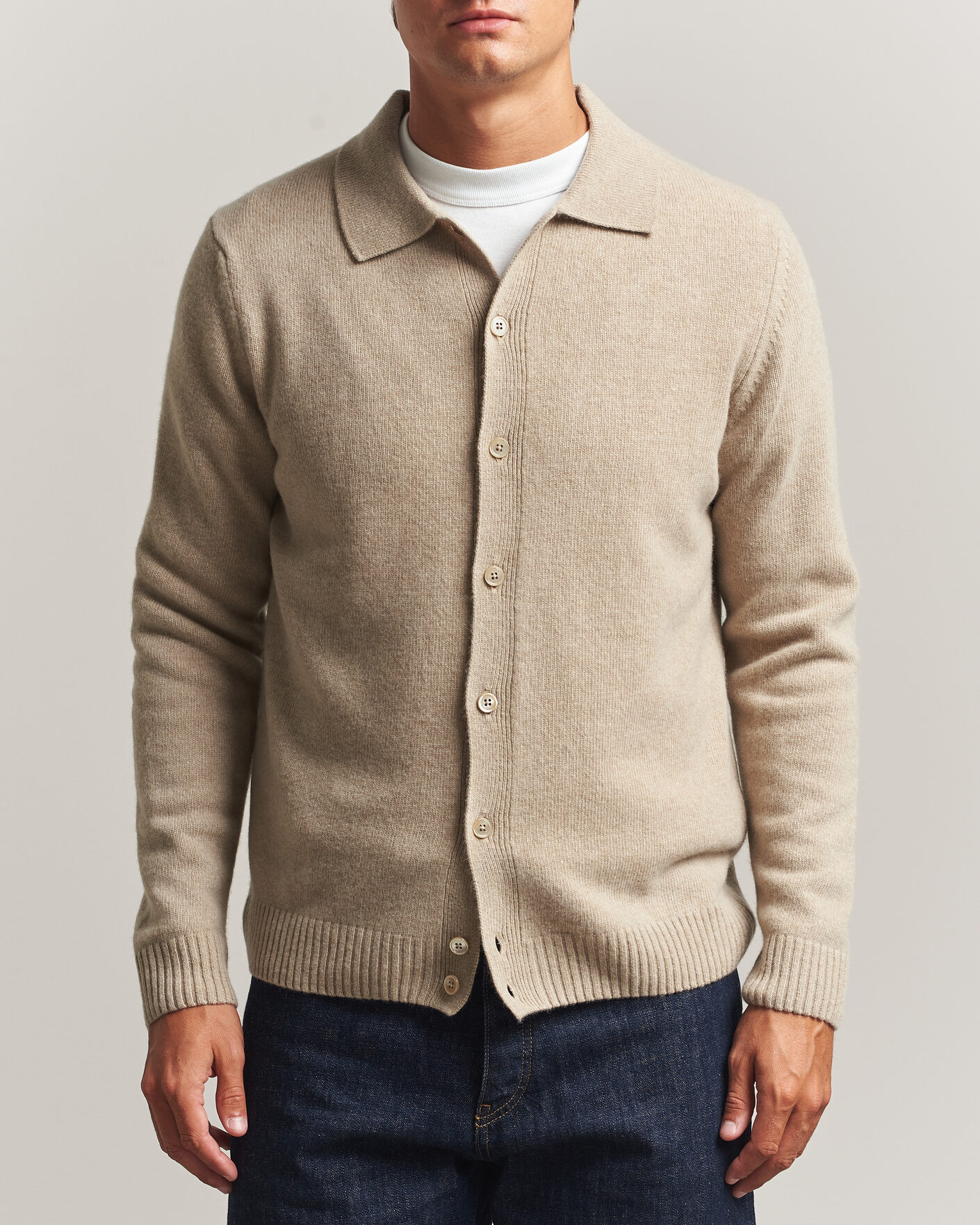 Uomini | Maglieria | Stenströms | Brushed Merino Polo Cardigan Beige