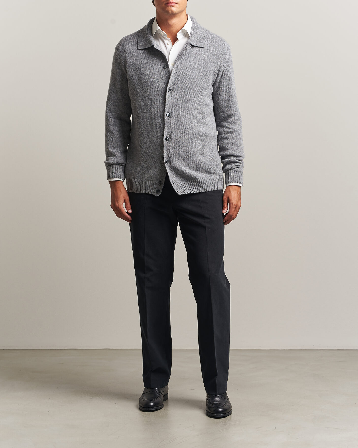 Uomini | Maglieria | Stenströms | Brushed Merino Polo Cardigan Grey