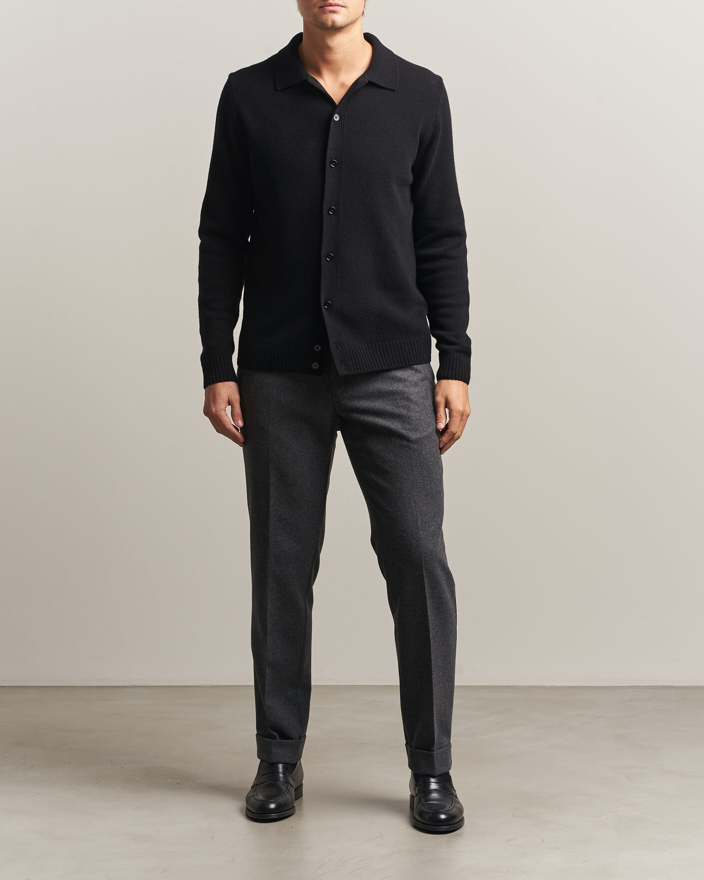 Uomini | Maglieria | Stenströms | Brushed Merino Polo Cardigan Black